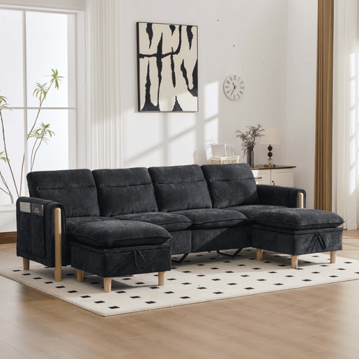 Sofá modular em U de 4 lugares, grande u2013 com duas otomanas com espaço de arrumação, pés de madeira, tecido de chenille, design modular confortável para a sala de estar familiar u2013 preto Sofá modular em U de 4 lugares, grande u2013 com duas otomanas com espaço de arrumação, pés de madeira, tecido de chenille, design modular confortável para a sala de estar familiar u2013 preto