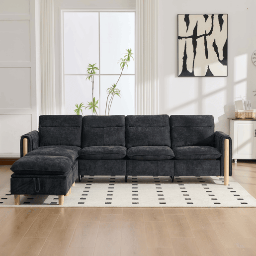 Sofá modular em U de 4 lugares, grande u2013 com duas otomanas com espaço de arrumação, pés de madeira, tecido de chenille, design modular confortável para a sala de estar familiar u2013 preto Sofá modular em U de 4 lugares, grande u2013 com duas otomanas com espaço de arrumação, pés de madeira, tecido de chenille, design modular confortável para a sala de estar familiar u2013 preto