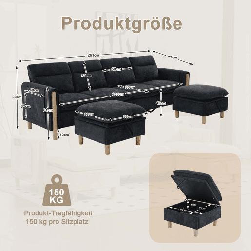 Sofá modular em U de 4 lugares, grande u2013 com duas otomanas com espaço de arrumação, pés de madeira, tecido de chenille, design modular confortável para a sala de estar familiar u2013 preto Sofá modular em U de 4 lugares, grande u2013 com duas otomanas com espaço de arrumação, pés de madeira, tecido de chenille, design modular confortável para a sala de estar familiar u2013 preto