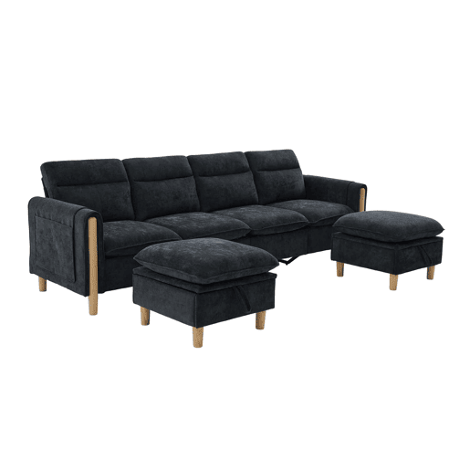 Sofá modular em U de 4 lugares, grande u2013 com duas otomanas com espaço de arrumação, pés de madeira, tecido de chenille, design modular confortável para a sala de estar familiar u2013 preto Sofá modular em U de 4 lugares, grande u2013 com duas otomanas com espaço de arrumação, pés de madeira, tecido de chenille, design modular confortável para a sala de estar familiar u2013 preto