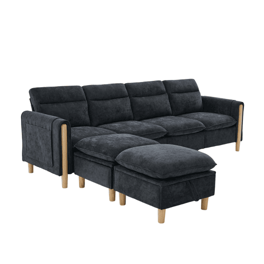Sofá modular em U de 4 lugares, grande u2013 com duas otomanas com espaço de arrumação, pés de madeira, tecido de chenille, design modular confortável para a sala de estar familiar u2013 preto Sofá modular em U de 4 lugares, grande u2013 com duas otomanas com espaço de arrumação, pés de madeira, tecido de chenille, design modular confortável para a sala de estar familiar u2013 preto