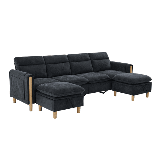 Sofá modular em U de 4 lugares, grande u2013 com duas otomanas com espaço de arrumação, pés de madeira, tecido de chenille, design modular confortável para a sala de estar familiar u2013 preto Sofá modular em U de 4 lugares, grande u2013 com duas otomanas com espaço de arrumação, pés de madeira, tecido de chenille, design modular confortável para a sala de estar familiar u2013 preto