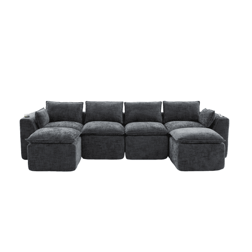 Sofá modular de 4 lugares - 2 apoios para os pés, porta-copos, bolsos laterais, espuma + molas, chenille cinzenta - cinzento escuro