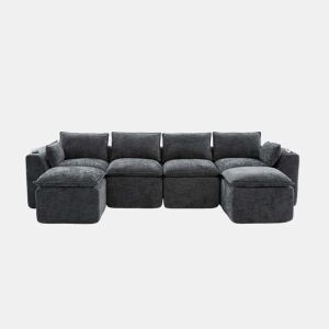 Sofá modular de 4 lugares - 2 apoios para os pés, porta-copos, bolsos laterais, espuma + molas, chenille cinzenta - cinzento escuro