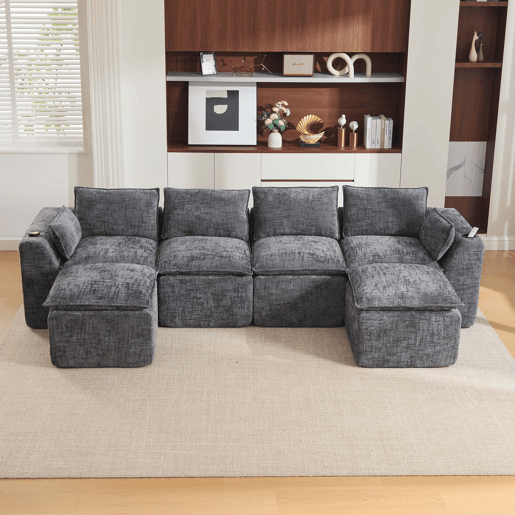 Sofá modular de 4 lugares - 2 apoios para os pés, porta-copos, bolsos laterais, espuma + molas, chenille cinzenta - cinzento escuro