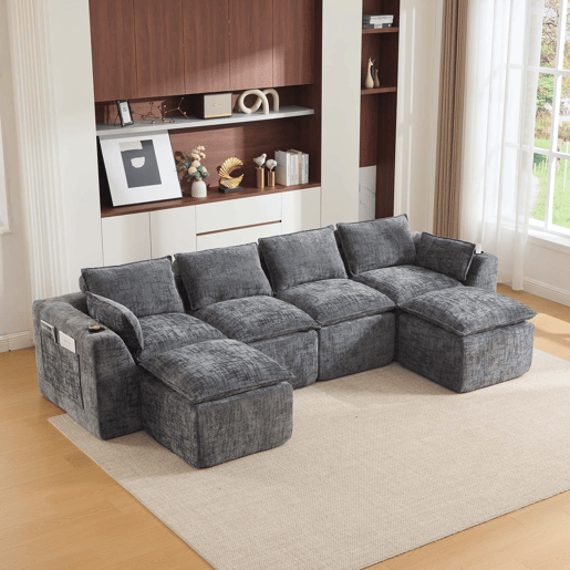 Sofá modular de 4 lugares - 2 apoios para os pés, porta-copos, bolsos laterais, espuma + molas, chenille cinzenta - cinzento escuro