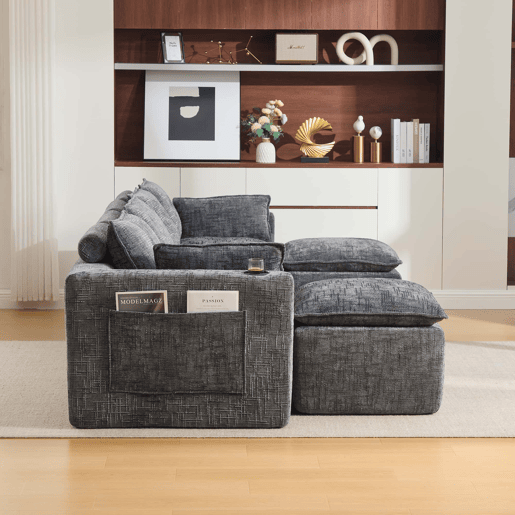 Sofá modular de 4 lugares - 2 apoios para os pés, porta-copos, bolsos laterais, espuma + molas, chenille cinzenta - cinzento escuro