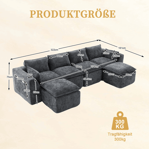 Sofá modular de 4 lugares - 2 apoios para os pés, porta-copos, bolsos laterais, espuma + molas, chenille cinzenta - cinzento escuro