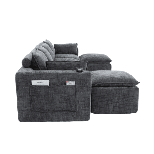 Sofá modular de 4 lugares - 2 apoios para os pés, porta-copos, bolsos laterais, espuma + molas, chenille cinzenta - cinzento escuro