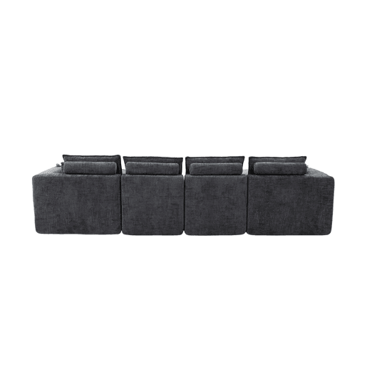 Sofá modular de 4 lugares - 2 apoios para os pés, porta-copos, bolsos laterais, espuma + molas, chenille cinzenta - cinzento escuro