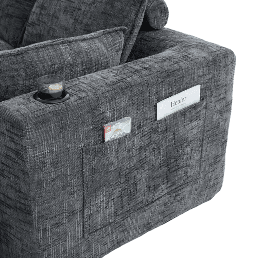 Sofá modular de 4 lugares - 2 apoios para os pés, porta-copos, bolsos laterais, espuma + molas, chenille cinzenta - cinzento escuro