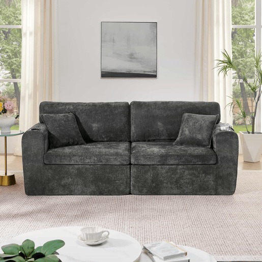 Sofá relax de 2 lugares - ideal para espaços pequenos, tecido de chenille macio, bolso lateral para revistas, porta-copos e almofadas - preto Sofá relax de 2 lugares - ideal para espaços pequenos, tecido de chenille macio, bolso lateral para revistas, porta-copos e almofadas - preto
