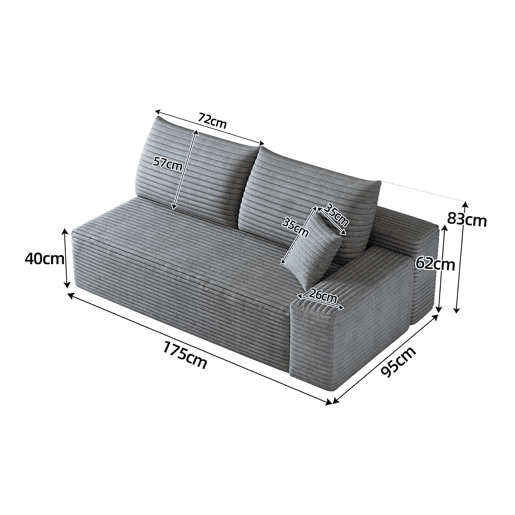 Sofá de 2 lugares 175 x 95 x 83 cm - Estofo em veludo cotelê, estilo modular - Cinzento