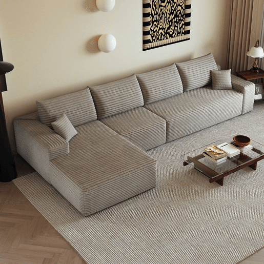 Sofá modular de canto de 340 cm - chaise longue em L, assento profundo, sem montagem, 4 lugares - Camel