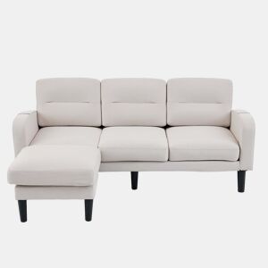 Sofá de canto em L 204 x 136 x 80 cm - 3 lugares com chaise longue, bolso lateral de arrumação, 10 pés, para sala de estar - Bege