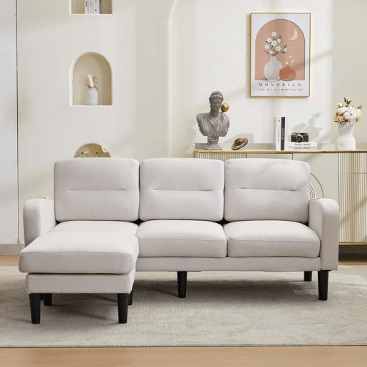 Sofá de canto em L 204 x 136 x 80 cm - 3 lugares com chaise longue, bolso lateral de arrumação, 10 pés, para sala de estar - Bege Sofá de canto em L 204 x 136 x 80 cm - 3 lugares com chaise longue, bolso lateral de arrumação, 10 pés, para sala de estar - Bege