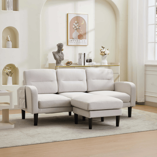 Sofá de canto em L 204 x 136 x 80 cm - 3 lugares com chaise longue, bolso lateral de arrumação, 10 pés, para sala de estar - Bege Sofá de canto em L 204 x 136 x 80 cm - 3 lugares com chaise longue, bolso lateral de arrumação, 10 pés, para sala de estar - Bege