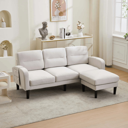Sofá de canto em L 204 x 136 x 80 cm - 3 lugares com chaise longue, bolso lateral de arrumação, 10 pés, para sala de estar - Bege Sofá de canto em L 204 x 136 x 80 cm - 3 lugares com chaise longue, bolso lateral de arrumação, 10 pés, para sala de estar - Bege