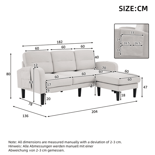 Sofá de canto em L 204 x 136 x 80 cm - 3 lugares com chaise longue, bolso lateral de arrumação, 10 pés, para sala de estar - Bege Sofá de canto em L 204 x 136 x 80 cm - 3 lugares com chaise longue, bolso lateral de arrumação, 10 pés, para sala de estar - Bege