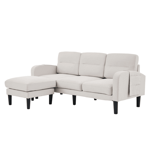 Sofá de canto em L 204 x 136 x 80 cm - 3 lugares com chaise longue, bolso lateral de arrumação, 10 pés, para sala de estar - Bege Sofá de canto em L 204 x 136 x 80 cm - 3 lugares com chaise longue, bolso lateral de arrumação, 10 pés, para sala de estar - Bege