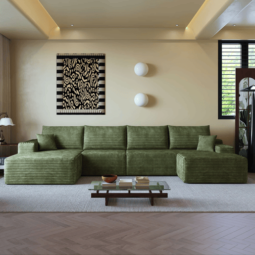 Sofá modular de canto de 340 cm - chaise longue em L, assento profundo, sem montagem, 4 lugares - Verde