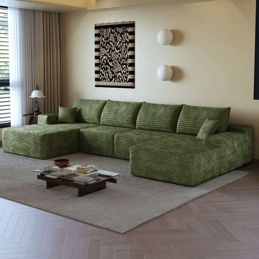 Sofá modular de canto de 340 cm - chaise longue em L, assento profundo, sem montagem, 4 lugares - Verde