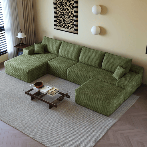 Sofá modular de canto de 340 cm - chaise longue em L, assento profundo, sem montagem, 4 lugares - Verde
