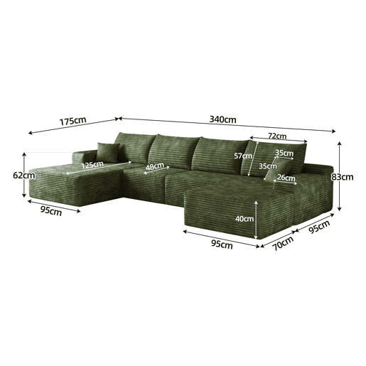 Sofá modular de canto de 340 cm - chaise longue em L, assento profundo, sem montagem, 4 lugares - Verde