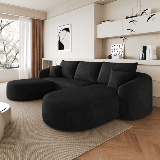 Sofá de canto modular em U, 266 cm - 3 lugares, espuma de compressão, sem montagem - Preto