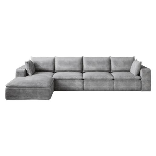 Sofá modular de 340 cm - design de dupla camada, estofo em veludo cotelê, almofadas removíveis, sem montagem - cinzento Sofá modular de 340 cm - design de dupla camada, estofo em veludo cotelê, almofadas removíveis, sem montagem - cinzento