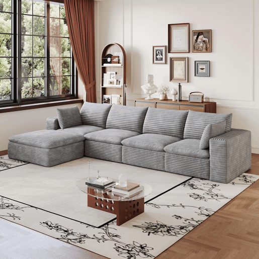 Sofá modular de 340 cm - design de dupla camada, estofo em veludo cotelê, almofadas removíveis, sem montagem - cinzento Sofá modular de 340 cm - design de dupla camada, estofo em veludo cotelê, almofadas removíveis, sem montagem - cinzento