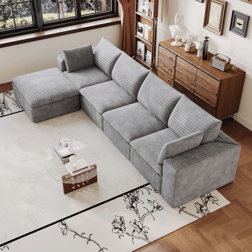 Sofá modular de 340 cm - design de dupla camada, estofo em veludo cotelê, almofadas removíveis, sem montagem - cinzento Sofá modular de 340 cm - design de dupla camada, estofo em veludo cotelê, almofadas removíveis, sem montagem - cinzento