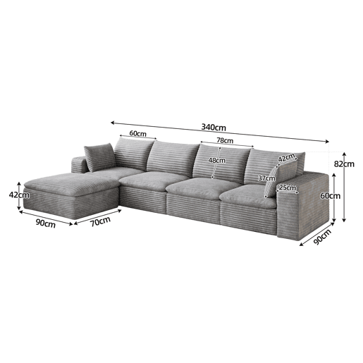 Sofá modular de 340 cm - design de dupla camada, estofo em veludo cotelê, almofadas removíveis, sem montagem - cinzento Sofá modular de 340 cm - design de dupla camada, estofo em veludo cotelê, almofadas removíveis, sem montagem - cinzento