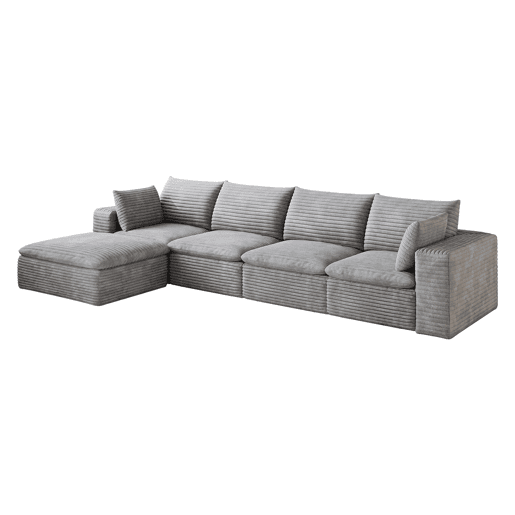 Sofá modular de 340 cm - design de dupla camada, estofo em veludo cotelê, almofadas removíveis, sem montagem - cinzento Sofá modular de 340 cm - design de dupla camada, estofo em veludo cotelê, almofadas removíveis, sem montagem - cinzento