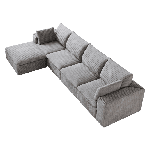 Sofá modular de 340 cm - design de dupla camada, estofo em veludo cotelê, almofadas removíveis, sem montagem - cinzento Sofá modular de 340 cm - design de dupla camada, estofo em veludo cotelê, almofadas removíveis, sem montagem - cinzento