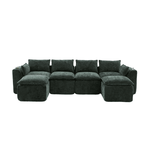 Sofá modular de 4 lugares - 2 pufes, porta-copos, espumamolas - verde escuro chenilla Sofá modular de 4 lugares - 2 pufes, porta-copos, espumamolas - verde escuro chenilla