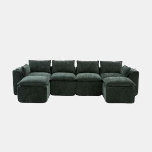 Sofá modular de 4 lugares - 2 pufes, porta-copos, espumamolas - verde escuro chenilla