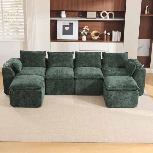 Sofá modular de 4 lugares - 2 pufes, porta-copos, espumamolas - verde escuro chenilla Sofá modular de 4 lugares - 2 pufes, porta-copos, espumamolas - verde escuro chenilla