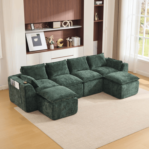 Sofá modular de 4 lugares - 2 pufes, porta-copos, espumamolas - verde escuro chenilla Sofá modular de 4 lugares - 2 pufes, porta-copos, espumamolas - verde escuro chenilla