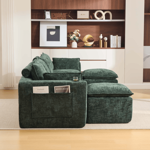 Sofá modular de 4 lugares - 2 pufes, porta-copos, espumamolas - verde escuro chenilla Sofá modular de 4 lugares - 2 pufes, porta-copos, espumamolas - verde escuro chenilla