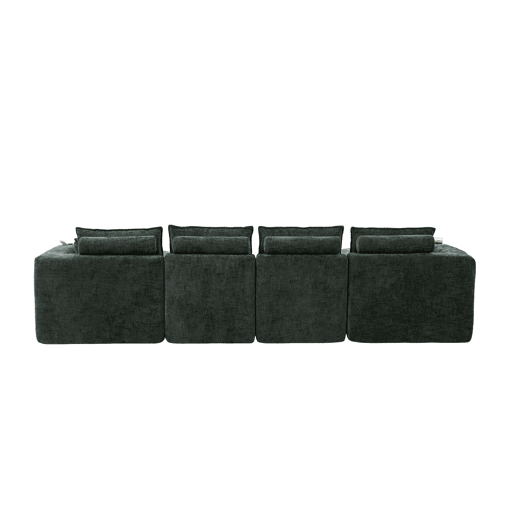 Sofá modular de 4 lugares - 2 pufes, porta-copos, espumamolas - verde escuro chenilla Sofá modular de 4 lugares - 2 pufes, porta-copos, espumamolas - verde escuro chenilla