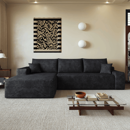 Sofá modular de canto de 270 cm - 3 lugares, chaise longue em L, assento profundo, sem montagem, embalado compactamente - Preto Sofá modular de canto de 270 cm - 3 lugares, chaise longue em L, assento profundo, sem montagem, embalado compactamente - Preto