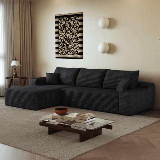 Sofá modular de canto de 270 cm - 3 lugares, chaise longue em L, assento profundo, sem montagem, embalado compactamente - Preto Sofá modular de canto de 270 cm - 3 lugares, chaise longue em L, assento profundo, sem montagem, embalado compactamente - Preto