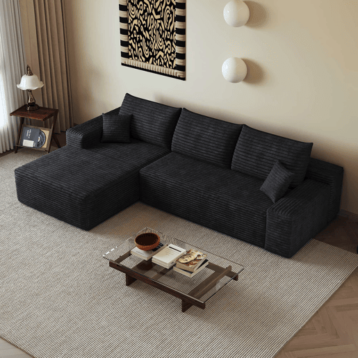 Sofá modular de canto de 270 cm - 3 lugares, chaise longue em L, assento profundo, sem montagem, embalado compactamente - Preto Sofá modular de canto de 270 cm - 3 lugares, chaise longue em L, assento profundo, sem montagem, embalado compactamente - Preto