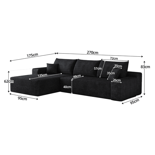 Sofá modular de canto de 270 cm - 3 lugares, chaise longue em L, assento profundo, sem montagem, embalado compactamente - Preto Sofá modular de canto de 270 cm - 3 lugares, chaise longue em L, assento profundo, sem montagem, embalado compactamente - Preto