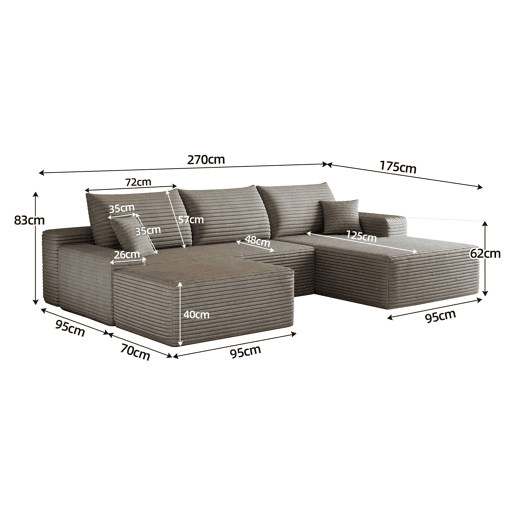 Sofá modular de canto de 270 cm u2013 com chaise longue em L, assento profundo, sem montagem, 3 lugares u2013 Camel