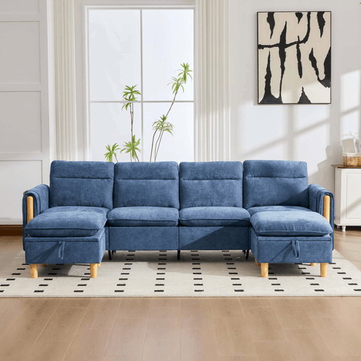 Sofá modular em U de 4 lugares u2014 com 2 pufes com espaço de arrumação, pés de madeira, sofá confortável em chenilla u2014 azul Sofá modular em U de 4 lugares u2014 com 2 pufes com espaço de arrumação, pés de madeira, sofá confortável em chenilla u2014 azul
