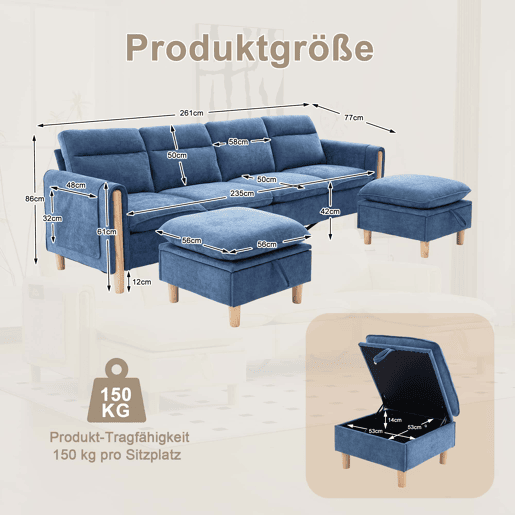 Sofá modular em U de 4 lugares u2014 com 2 pufes com espaço de arrumação, pés de madeira, sofá confortável em chenilla u2014 azul Sofá modular em U de 4 lugares u2014 com 2 pufes com espaço de arrumação, pés de madeira, sofá confortável em chenilla u2014 azul