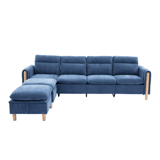 Sofá modular em U de 4 lugares u2014 com 2 pufes com espaço de arrumação, pés de madeira, sofá confortável em chenilla u2014 azul Sofá modular em U de 4 lugares u2014 com 2 pufes com espaço de arrumação, pés de madeira, sofá confortável em chenilla u2014 azul