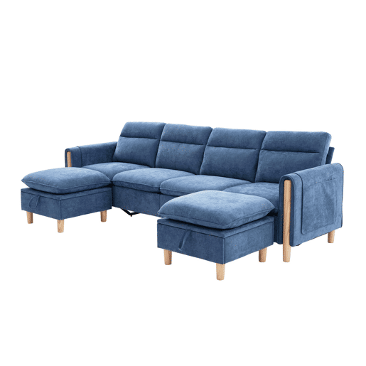 Sofá modular em U de 4 lugares u2014 com 2 pufes com espaço de arrumação, pés de madeira, sofá confortável em chenilla u2014 azul Sofá modular em U de 4 lugares u2014 com 2 pufes com espaço de arrumação, pés de madeira, sofá confortável em chenilla u2014 azul